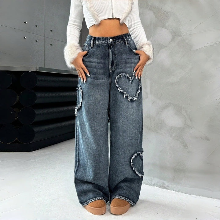 Dame Loose Jeans med hjertebroderi og avslappet snitt Skjora