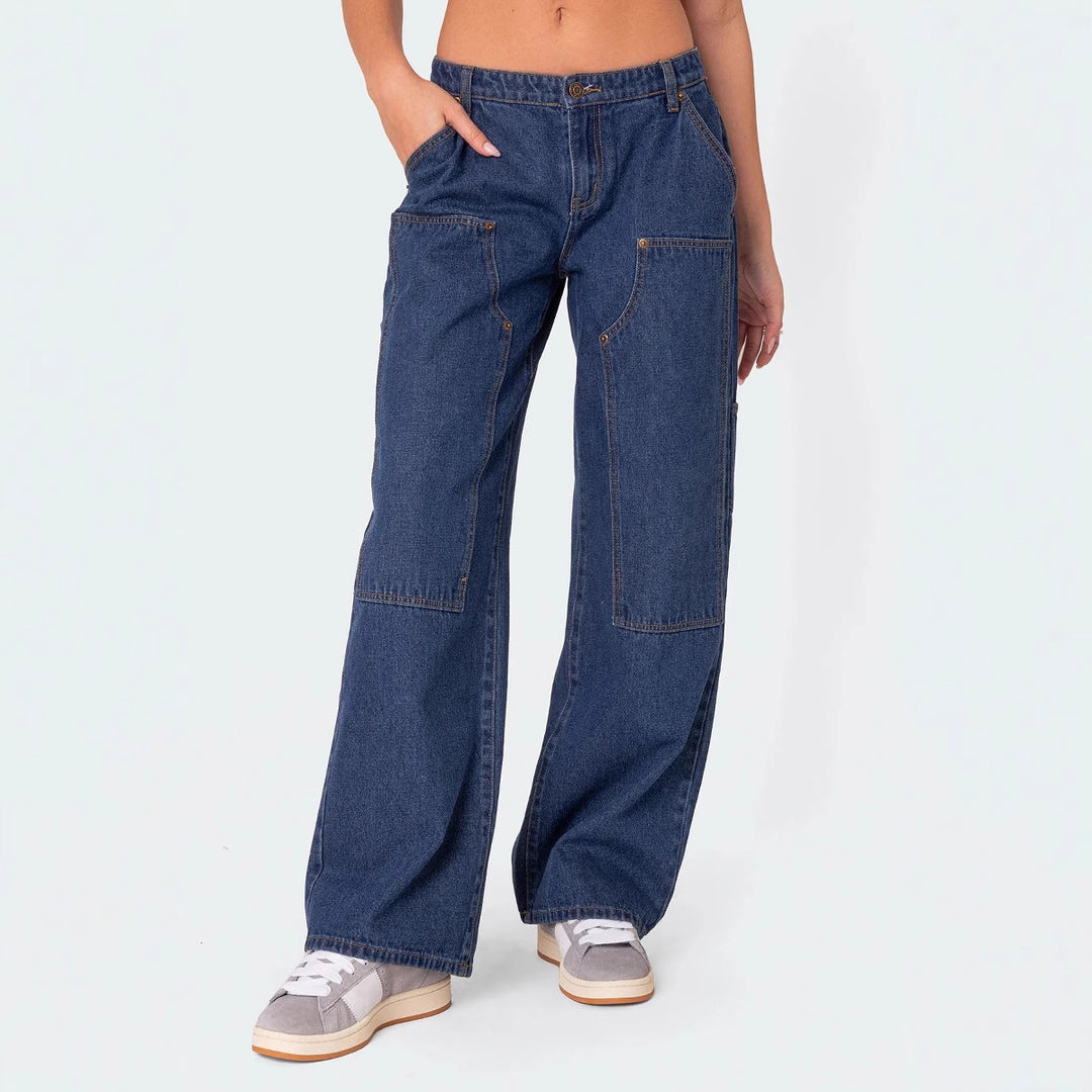 Kvindernes brede snit utility jeans med praktiske lommer og høj talje