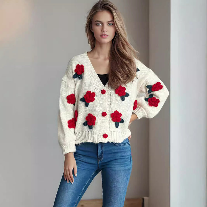 Dames kosete cardigan med blomster 3D-design og store knapper Skjora