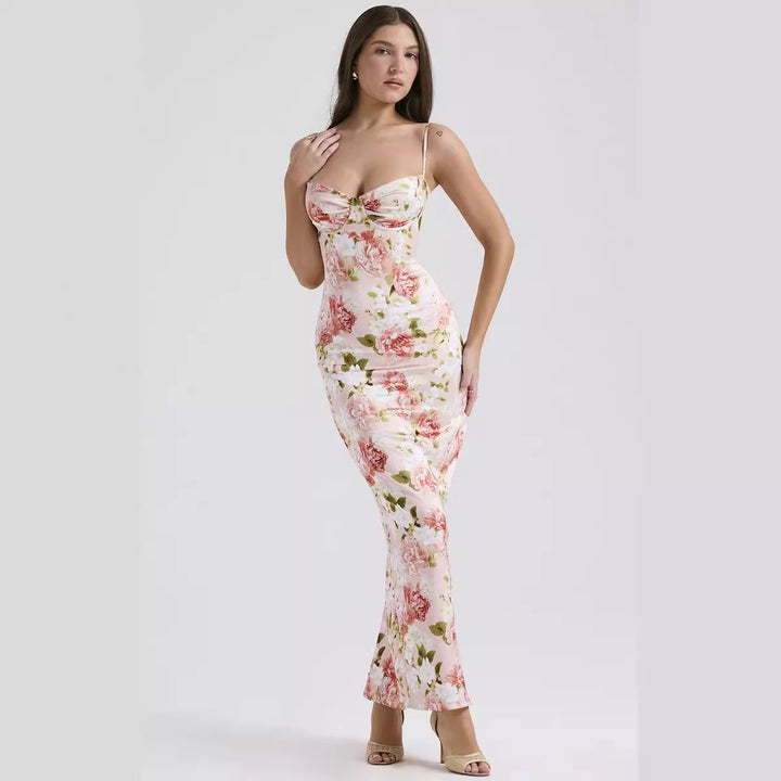 Kvinne Bodycon Maxi Kjole med Blomsterdetaljer og Justerbare Spaghettistropper