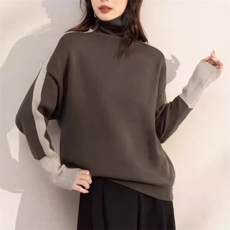 Kvinner Casual Turtleneck Genser med Kontrast Ermer Skjora