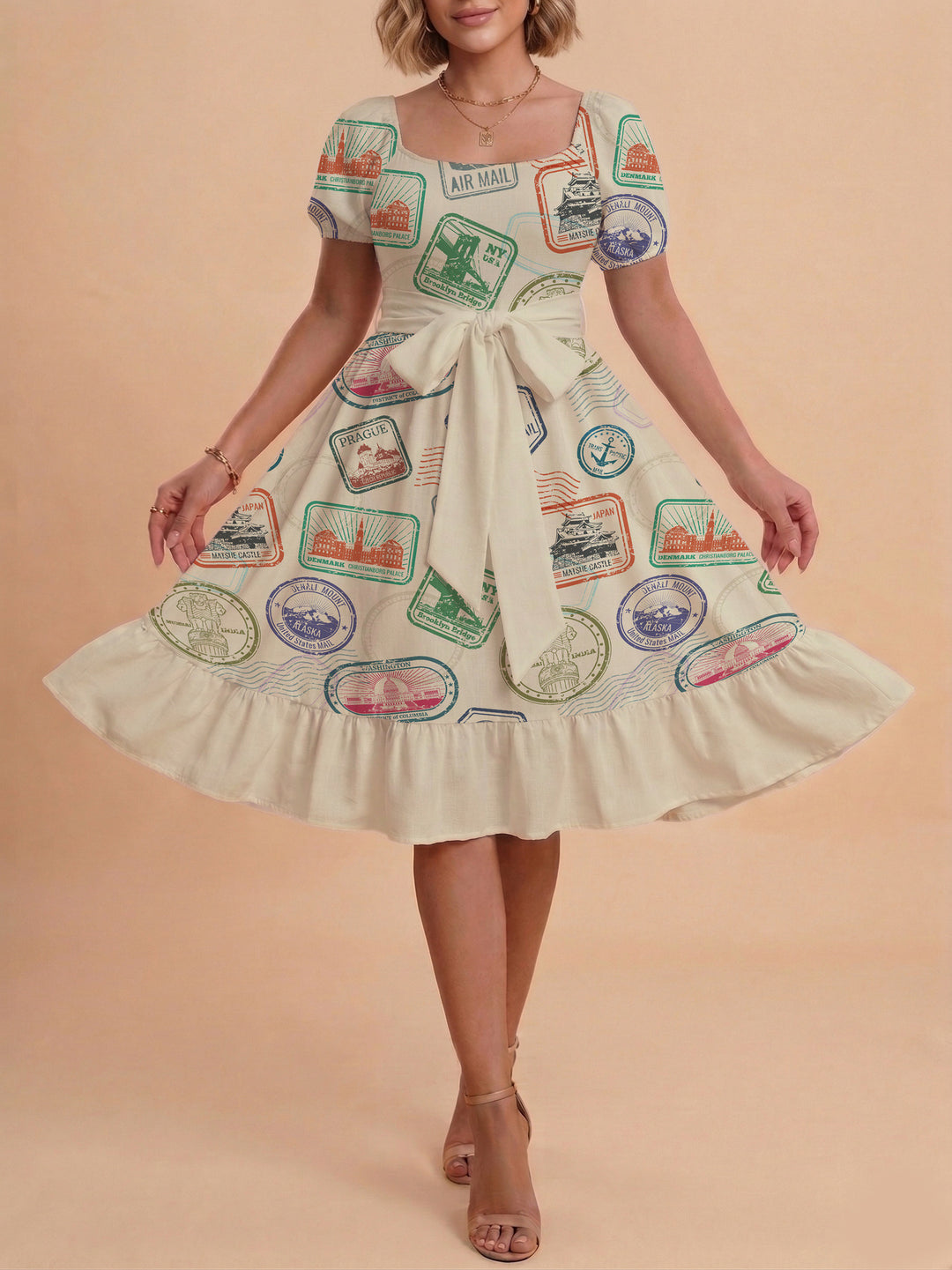 Damen Sommerkleid mit floralem Puffärmel und taillierbarem Gürtel Skjora