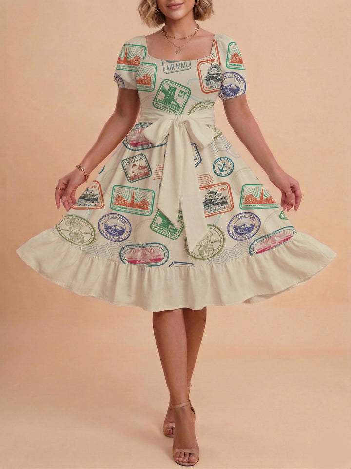Damen Sommerkleid mit floralem Puffärmel und taillierbarem Gürtel Skjora