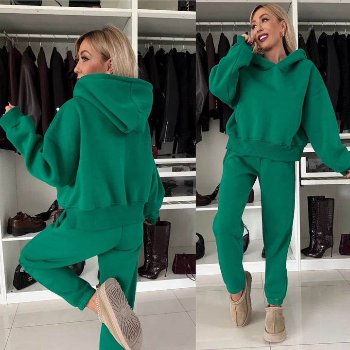 Kvinner Avslappet Passform Fleece Lounge Sett med Hette og Elastisk Livlinje Skjora
