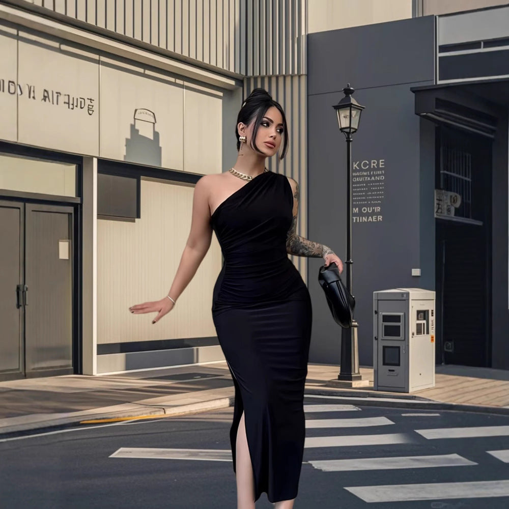 Damer Elegant Én-Shoulder Maxi Kjole med Figur-Nær Skjæring og Side Spalte