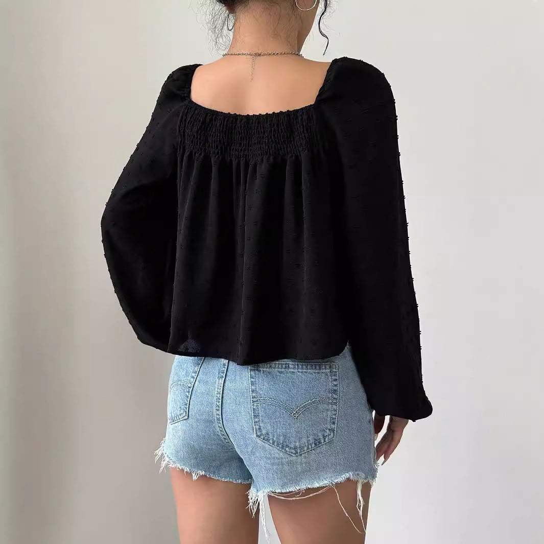 Damen elegant Bluse med luftige puffarmer og strukturert overflate Skjora