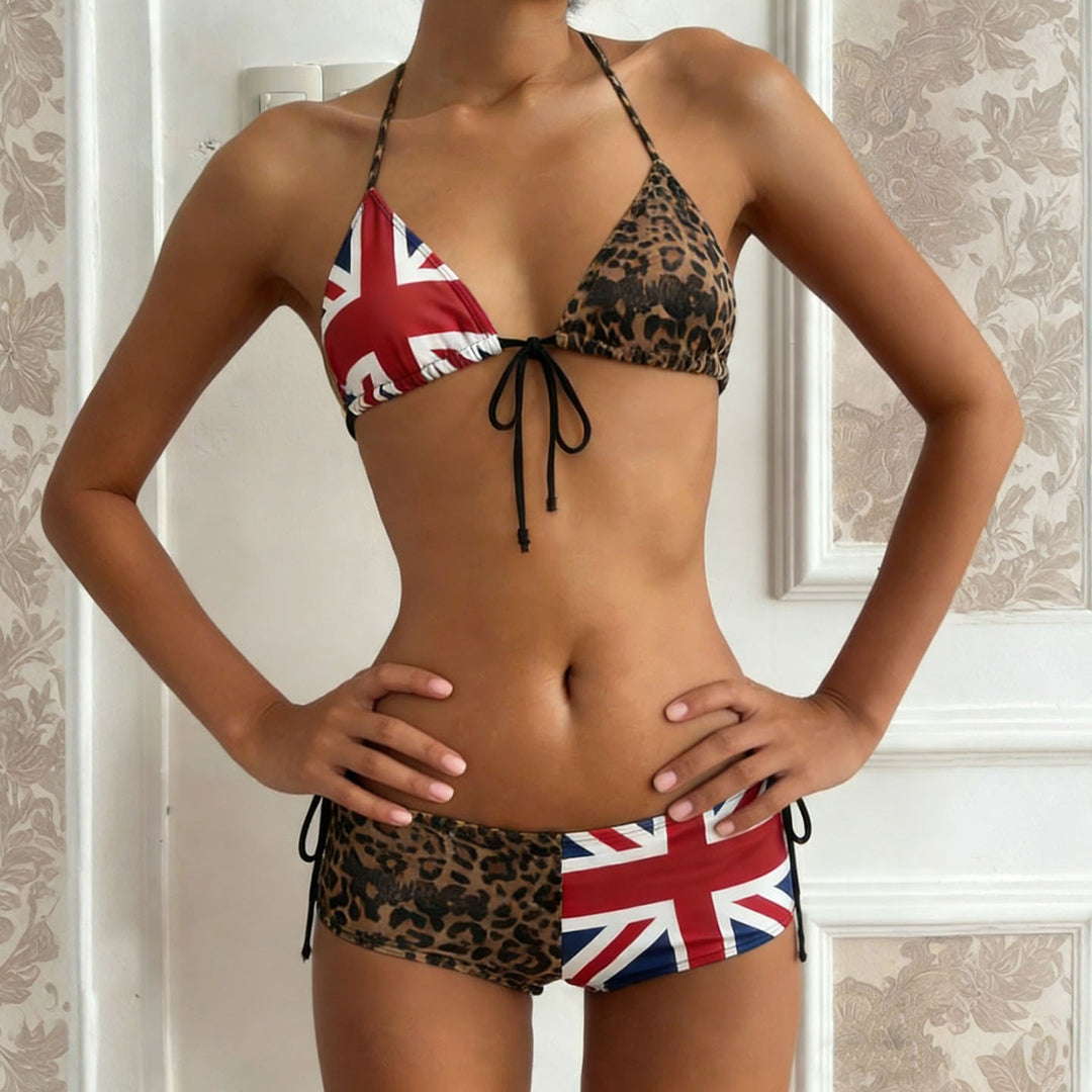 Dame bikiniset med leopardmønster og Union Jack akenter Skjora