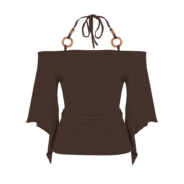 Dame Off-Shoulder topp med voluminøse ermer og dekorative knytte-detaljer Skjora