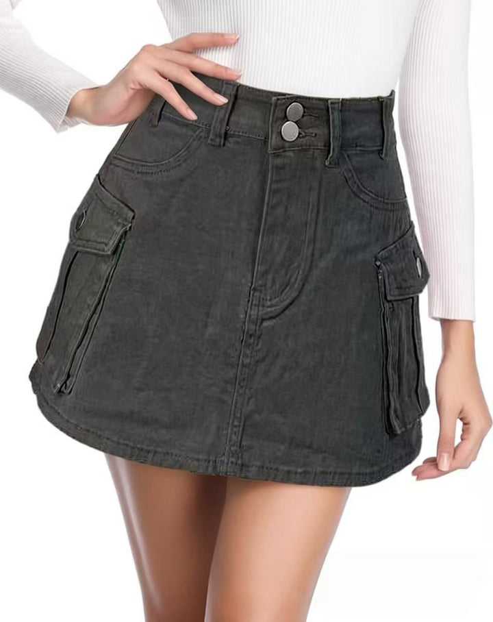 Dame Denim-mini skjørt med påsydd lommer og moderne detaljer Skjora
