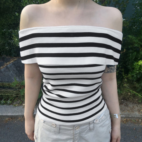 Dame Off-Shoulder topp med stripet design og bred krage Skjora