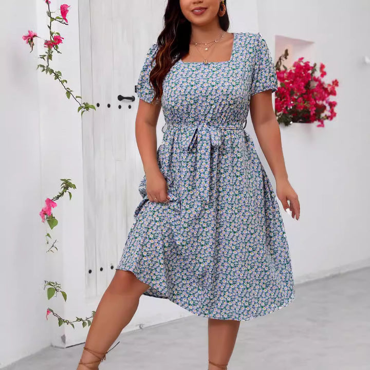Dame Midi Kjole med blomsterallover-print og puffermar