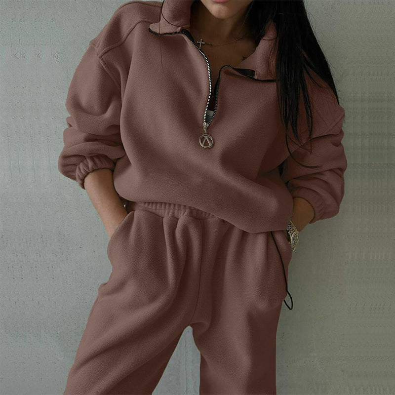 Kvinnens fleece loungewear-sett med halv glidelås og elastisk midje Skjora