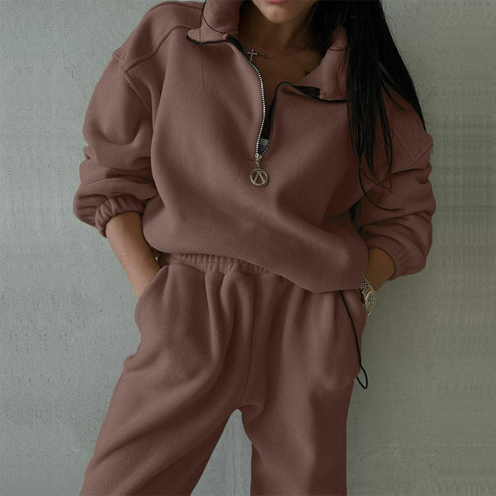 Kvinnens fleece loungewear-sett med halv glidelås og elastisk midje Skjora
