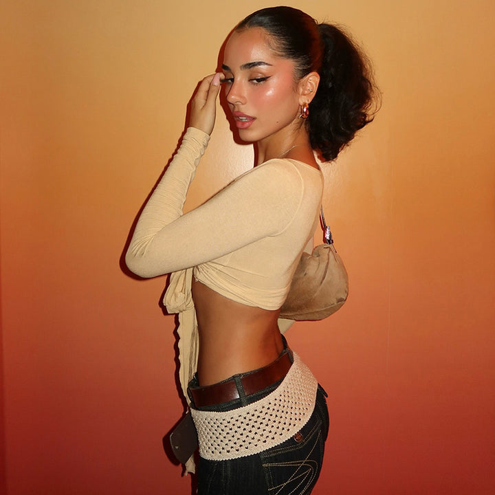 Dame Crop-Top med lekent knytebånd og lange ermer Skjora