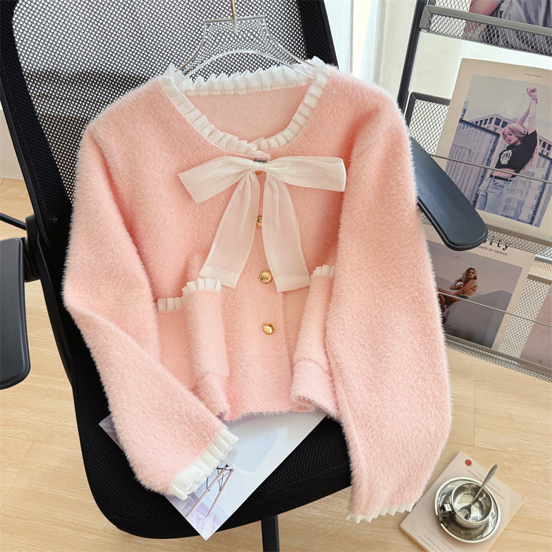 Dame Fluffy Cardigan med Elegant Sløyfe Krage og Dekorative Knapper Skjora