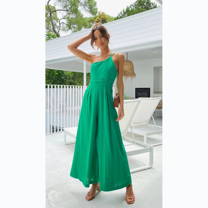 Dame jumpsuit i moderne omslagdesign med bred ben og av-shoulder cut