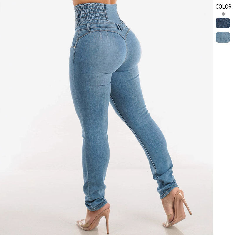 Kvinner Høyt liv Skinny Jeans med Dekorative Knappe Detaljer og Elastisk Livlinje