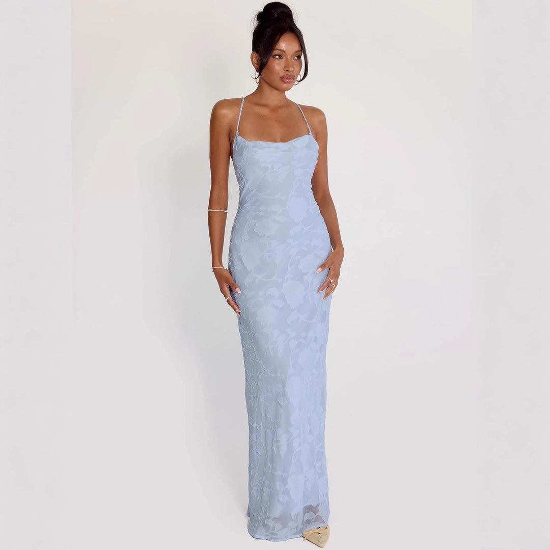 Damen Elegantes Abendkleid mit floralem Spitzenmuster und Spaghettiträgern Skjora