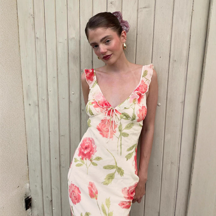 Dame Maxikjole med blomsterdesign og spaghetti-stropper Skjora