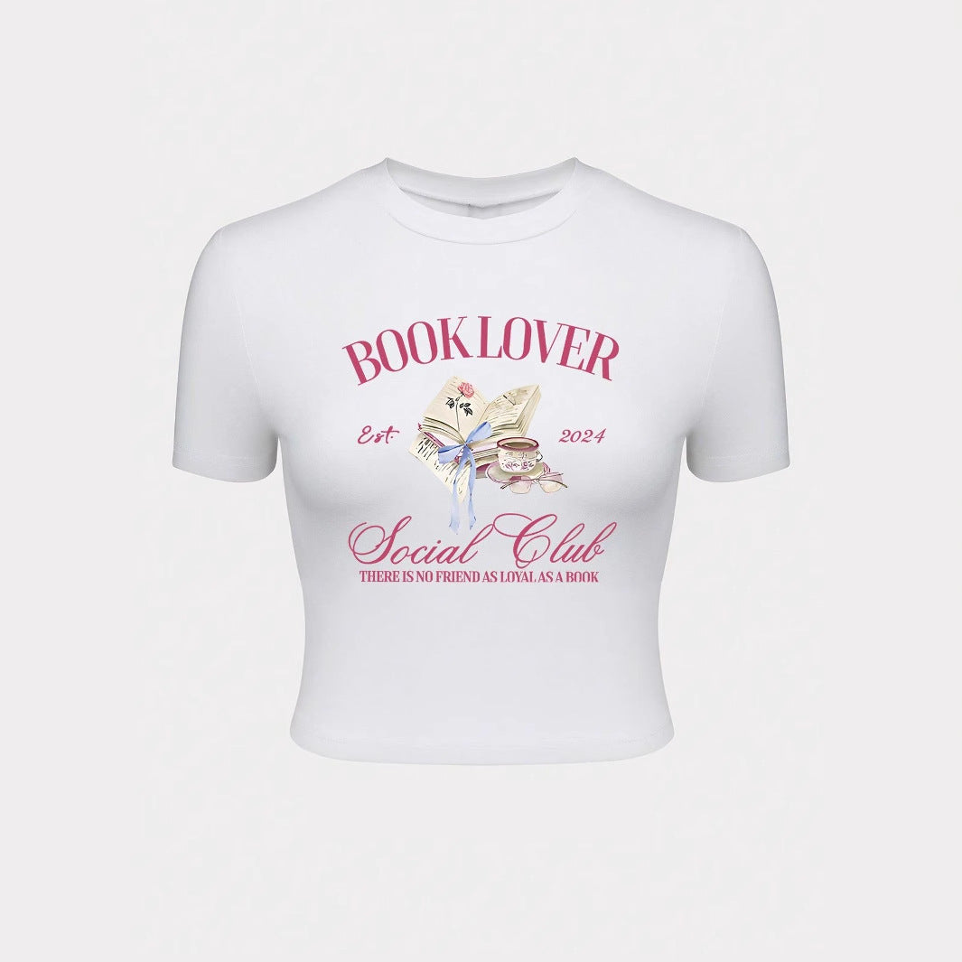 Dame Crop-T-skjorte med kreativ bokelsker-design og moderne trykk Skjora