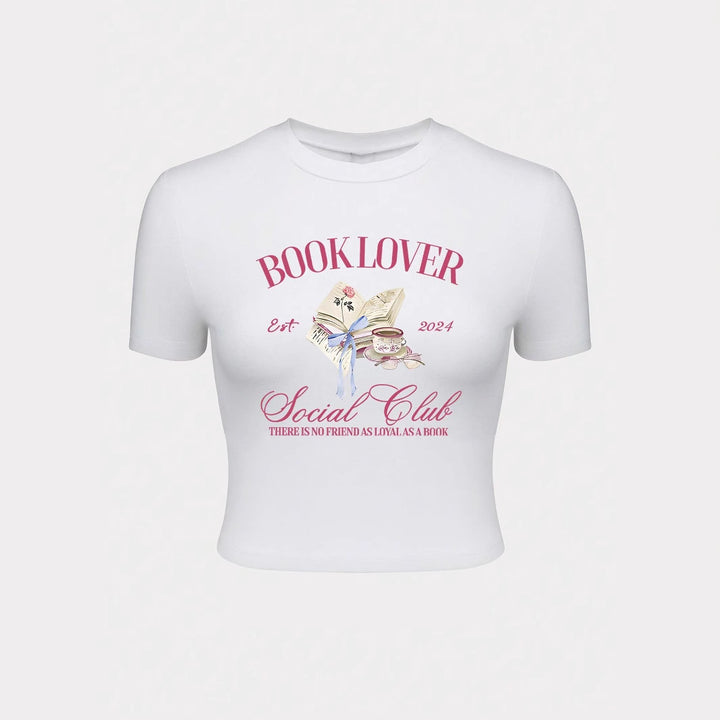 Dame Crop-T-skjorte med kreativ bokelsker-design og moderne trykk Skjora