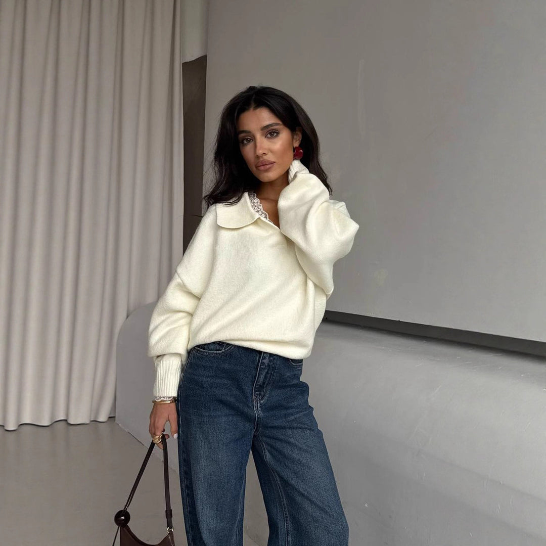 Kvinnenes uformelle oversized genser med krage Skjora