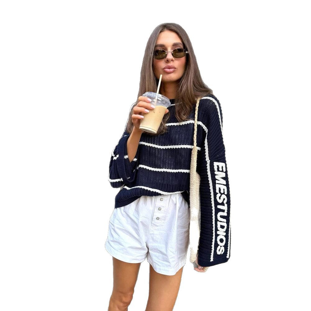 Damer oversized strikket genser med stripemønster og kreativ tekst Skjora