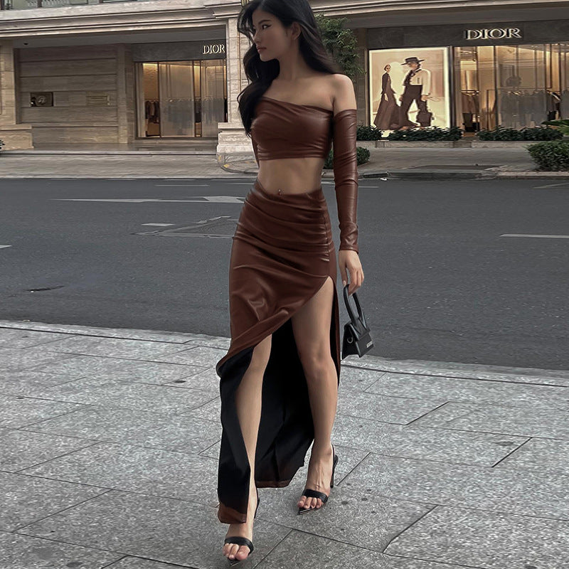 Dame elegant asymmetrisk cropped overdel med lange ermer Skjora