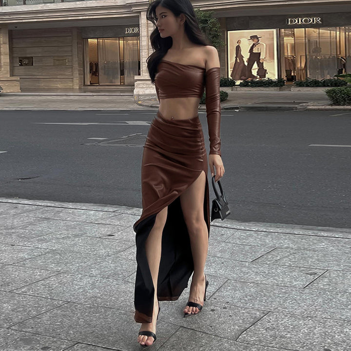 Dame elegant asymmetrisk cropped overdel med lange ermer Skjora