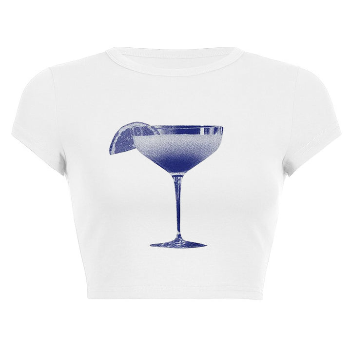 Damer cropped T-skjorte med friskt cocktailmotiv Skjora