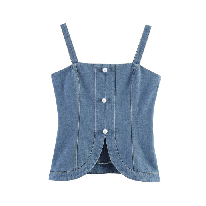 Dame Denim-Cami med innsnekret snitt og dekorative knapper Skjora