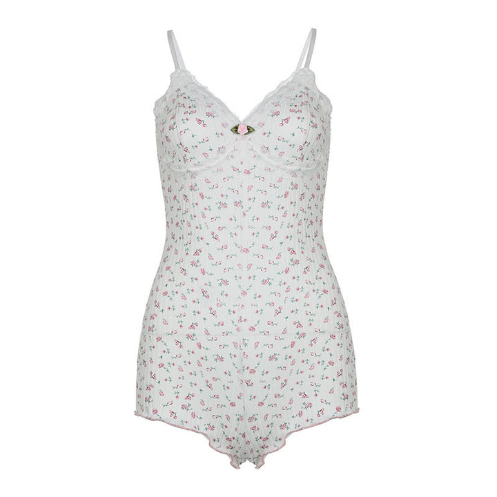 Damer nattøy bodysuit med floraltrykk og delikate blondeakenter Skjora