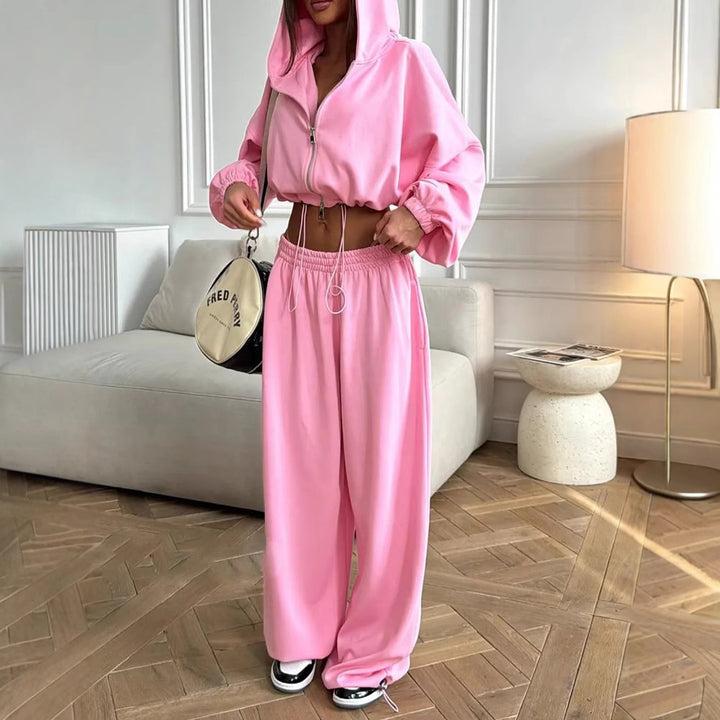 Dame stilige loungewear-sett med kortet hettegenser og bred skjæring Skjora