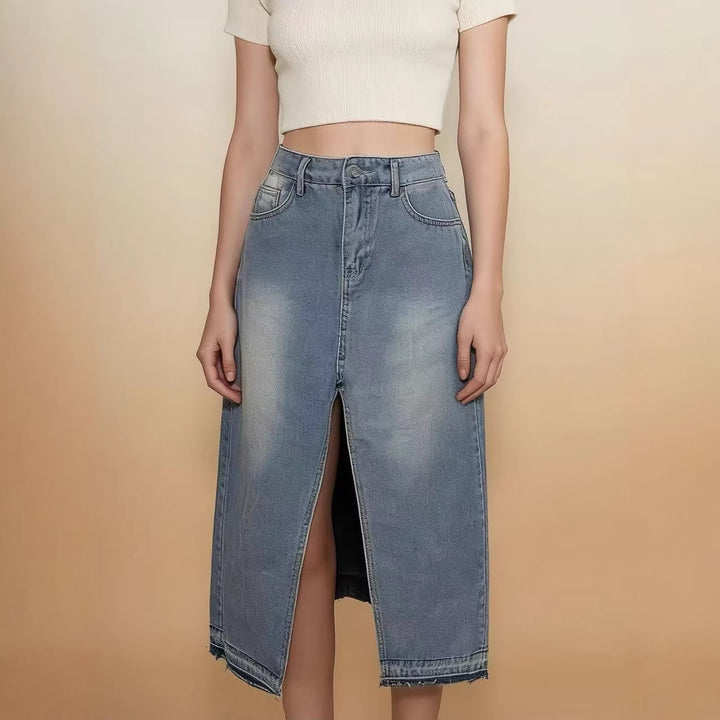 Dame Midi-Denim-skjørt med høy splitt og frynset kant Skjora