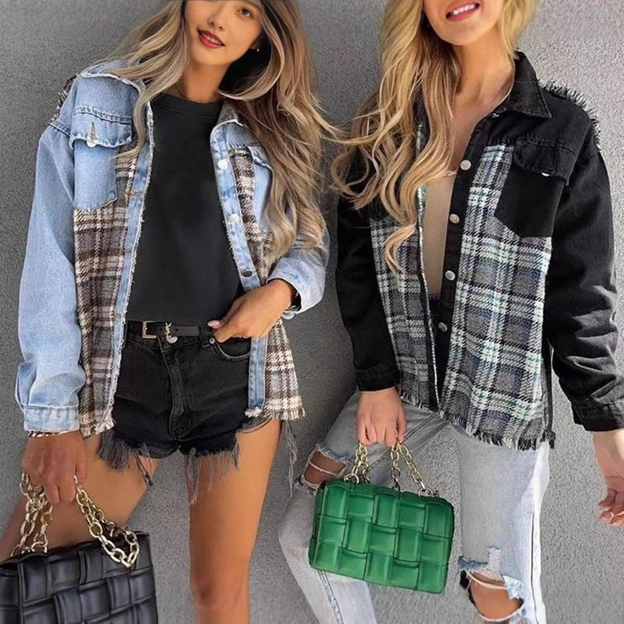 Dame casual denimjakke med rutete materialkombinasjon og praktiske lommer Skjora