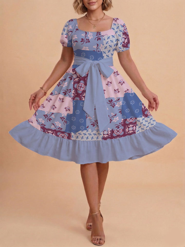 Damen Retro Maxikleid mit Puffärmeln und Taillengürtel Skjora