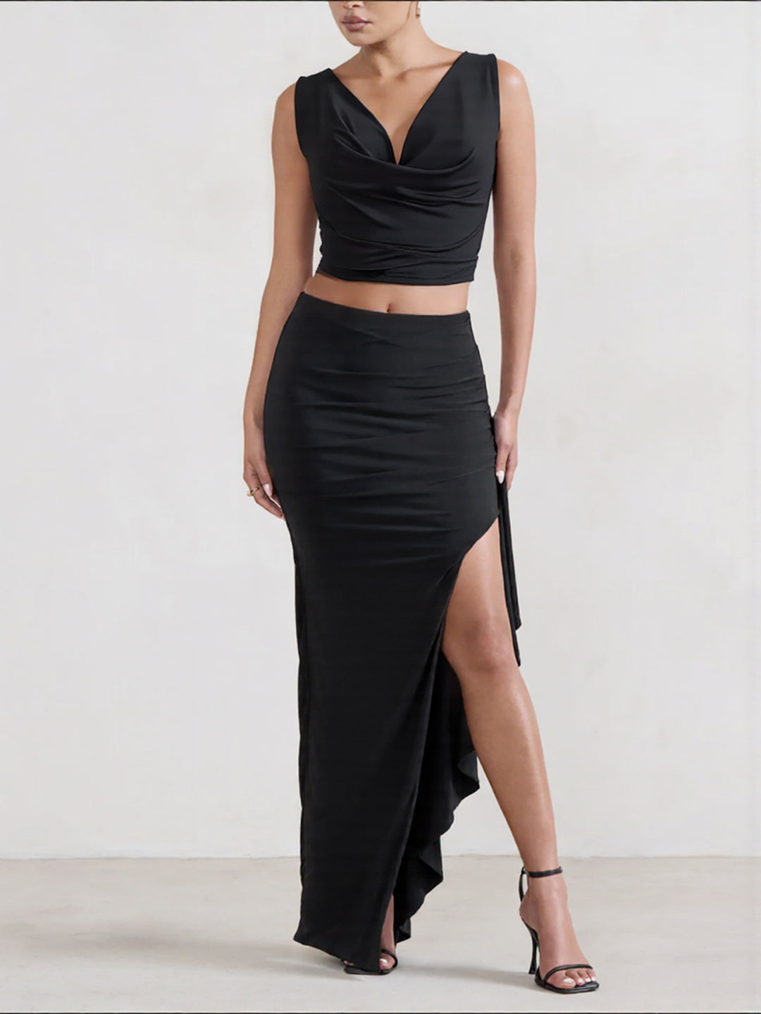 Women's Elegant Crop Top and Maxi Skirt Set with High Slit Skirt
