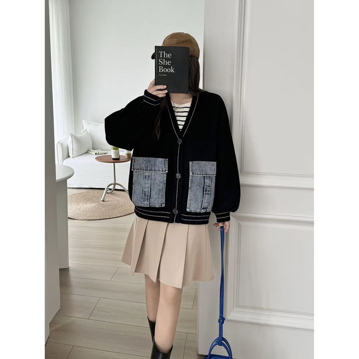 Dame moteriktig cardigan med denim detaljer Skjora