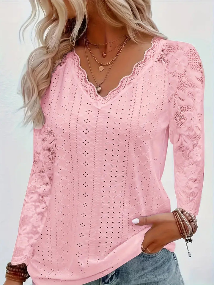 Dame Elegant Topp med Blonderkant og V-Hals Skjora