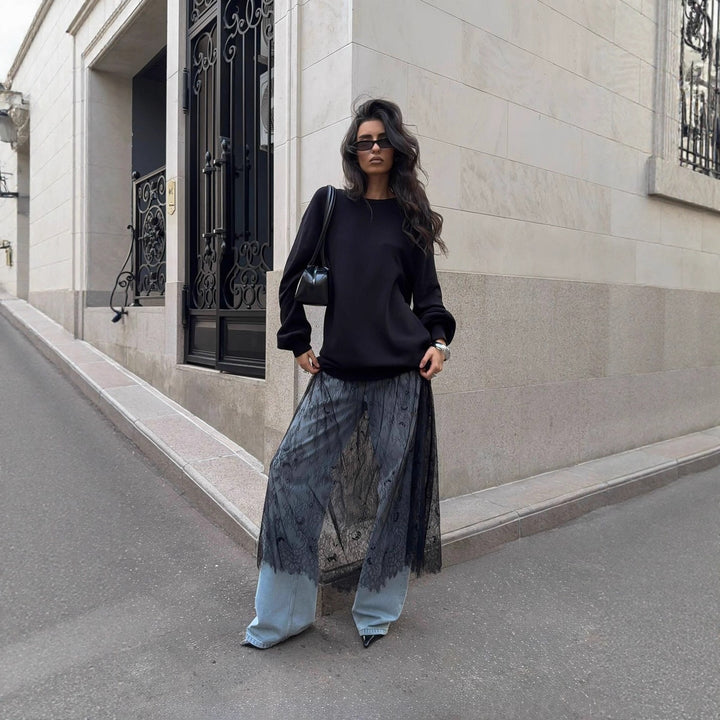 Kvinnes Casual Oversized Genser med Elegante Volanger og Motetransparent Skjora