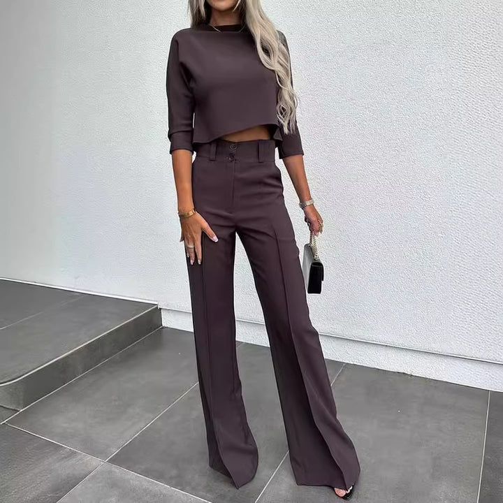 Damer Elegant To-Delt Blazer Sett med Høy Midje Bukser og Moderne Crop Top