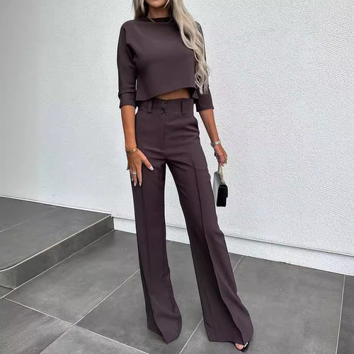 Damer Elegant To-Delt Blazer Sett med Høy Midje Bukser og Moderne Crop Top