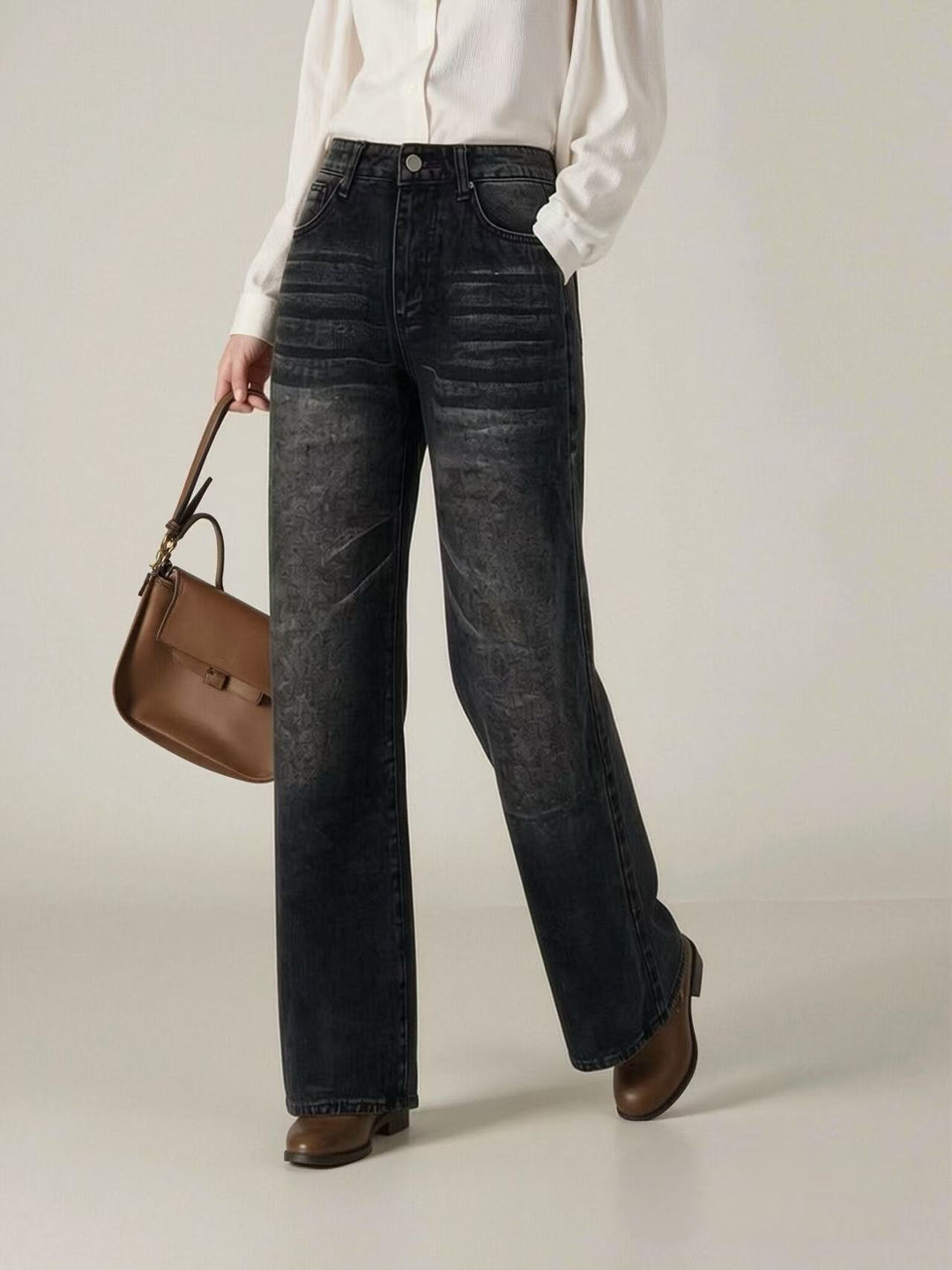 Dame brede høy midje jeans med unik tekstur Skjora