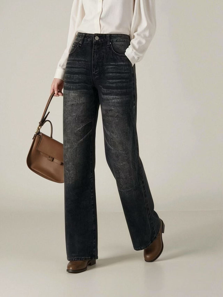 Dame brede høy midje jeans med unik tekstur Skjora