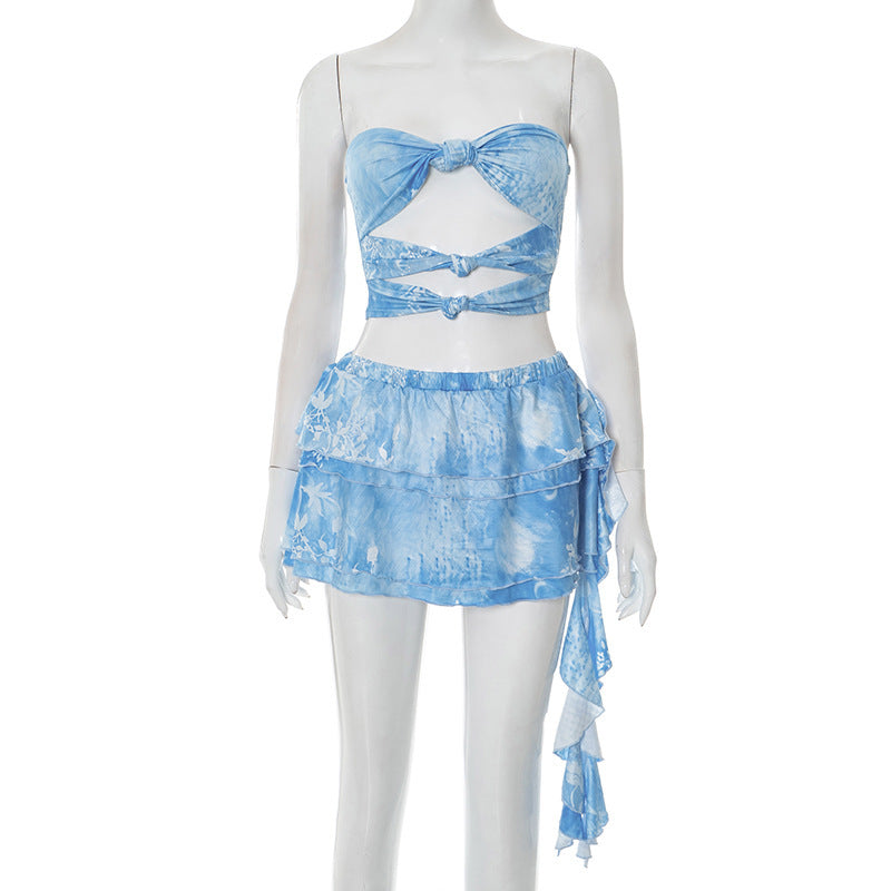 Dame bandeau-wrap-top med leken skjørt og blomstertrykk Skjora