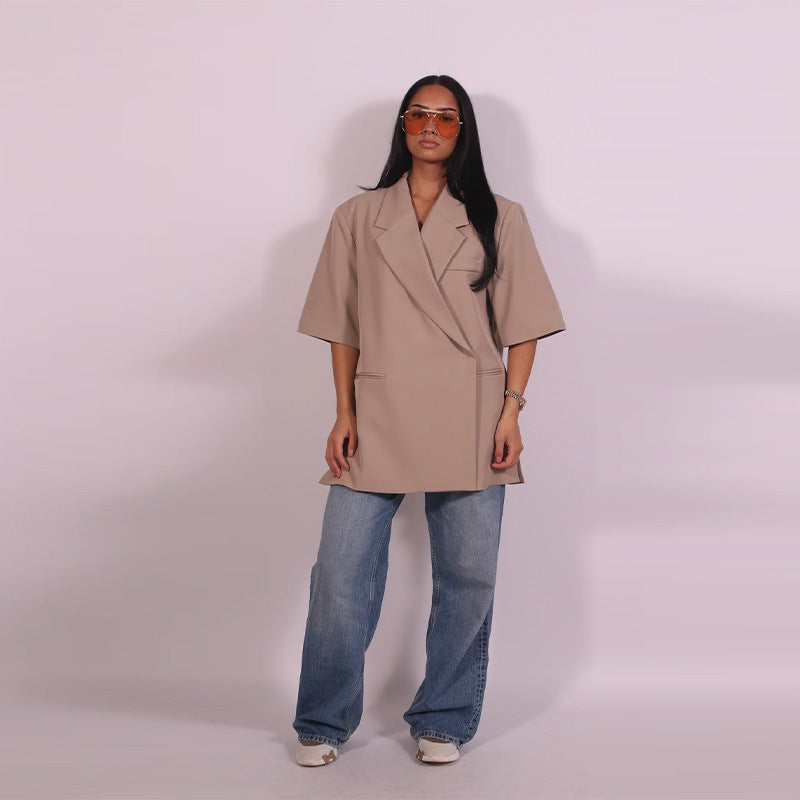 Dame avslappet høykvalitets oversized sett med kortermet jakke og shorts Skjora
