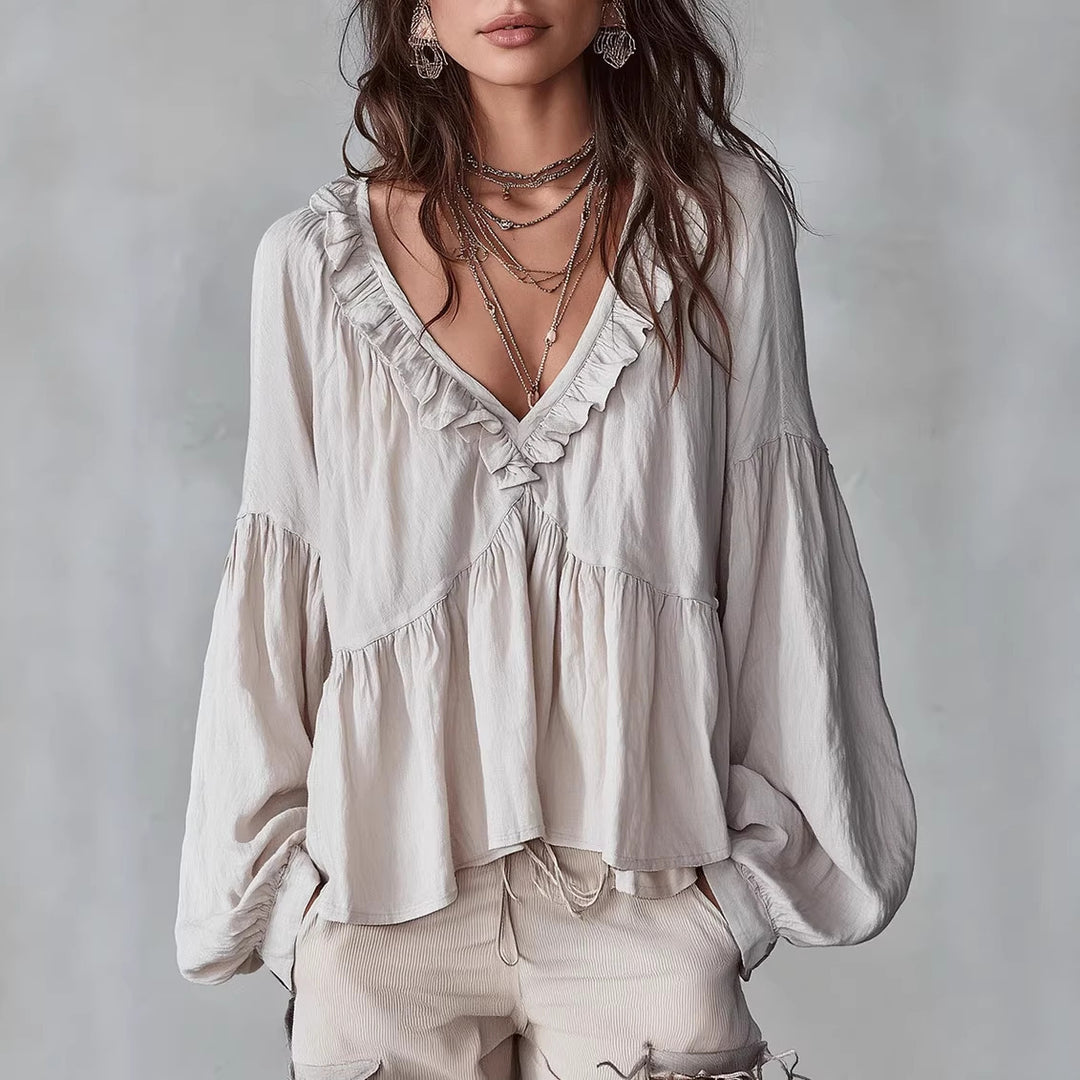 Women's Flowy Top with Ruched Detail and V-Neck Skirt