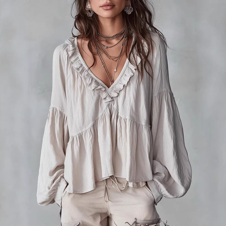 Women's Flowy Top with Ruched Detail and V-Neck Skirt