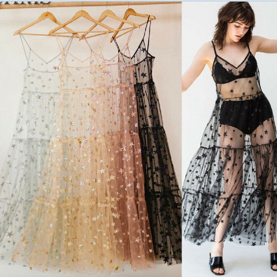 Dame Gjennomsiktig Maxikjole i Chiffon med Stjernedesign og Lagdelt Kant Skjora
