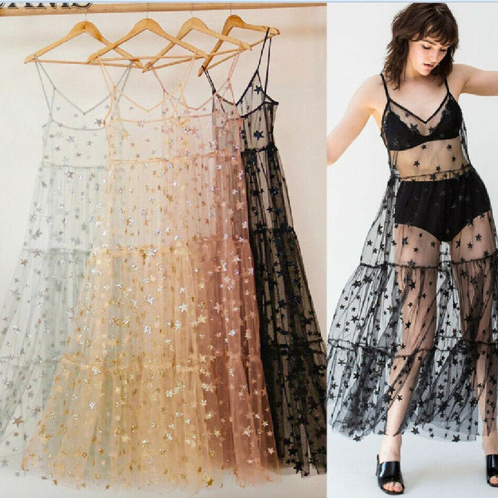 Dame Gjennomsiktig Maxikjole i Chiffon med Stjernedesign og Lagdelt Kant Skjora